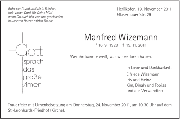 Traueranzeige von Manfred Wizemann von Gmünder Tagespost