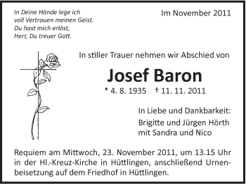 Traueranzeige von Josef Baron von Schwäbische Post