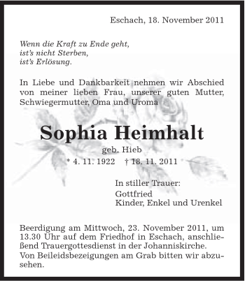 Traueranzeige von Sofia Heimhalt von Gmünder Tagespost