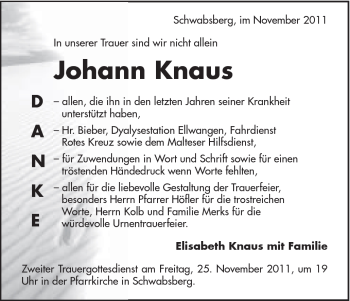 Traueranzeige von Johann Knaus von Schwäbische Post