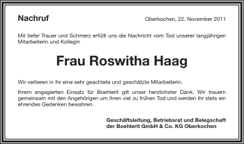 Traueranzeige von Haag Roswitha von Schwäbische Post