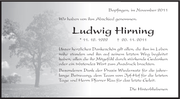 Traueranzeige von Hirning Ludwig von Schwäbische Post