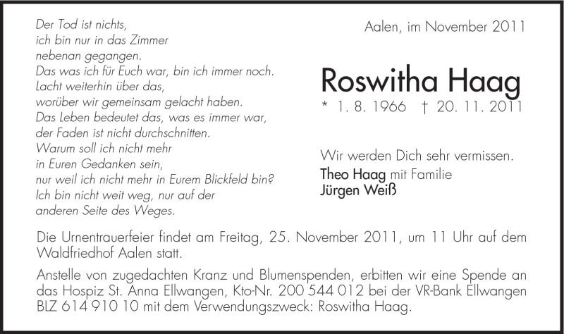  Traueranzeige für Roswitha Haag vom 23.11.2011 aus Schwäbische Post