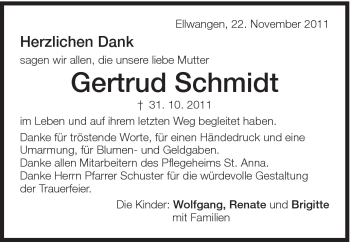 Traueranzeige von Gertrud Schmidt von Schwäbische Post