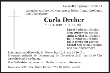 Traueranzeige von Carla Dreher von Gmünder Tagespost