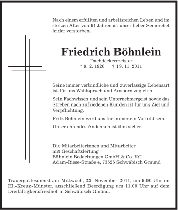 Traueranzeige von Friedrich Böhnlein von Gmünder Tagespost
