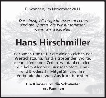 Traueranzeige von Hans Hirschmiller von Schwäbische Post