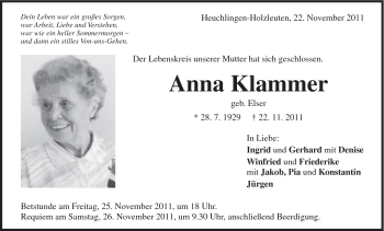 Traueranzeige von Anna Klammer von Gmünder Tagespost