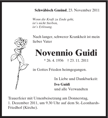 Traueranzeige von Novennio Guidi von Gmünder Tagespost
