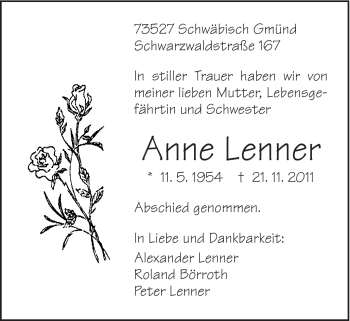 Traueranzeige von Anne Lenner von Gmünder Tagespost