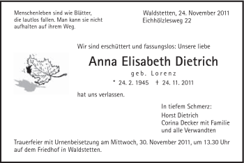 Traueranzeige von Anna Elisabeth Dietrich von Gmünder Tagespost
