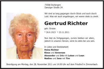 Traueranzeige von Gertrud Richter von Gmünder Tagespost