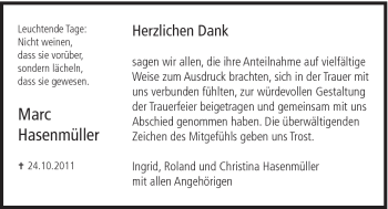 Traueranzeige von Marc Hasenmüller von Schwäbische Post