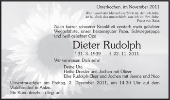 Traueranzeige von Dieter Rudolph von Schwäbische Post