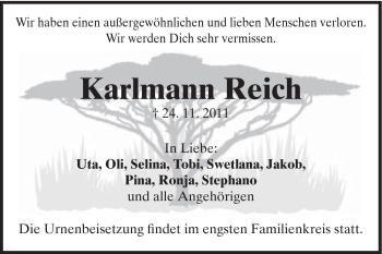 Traueranzeige von Karlmann Reich von Schwäbische Post