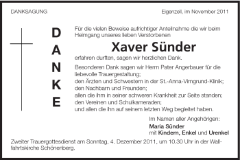 Traueranzeige von Xaver Sünder von Schwäbische Post