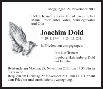 Traueranzeige von Joachim Dold von Gmünder Tagespost