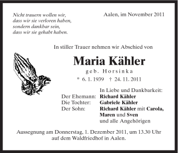 Traueranzeige von Maria Kähler von Schwäbische Post