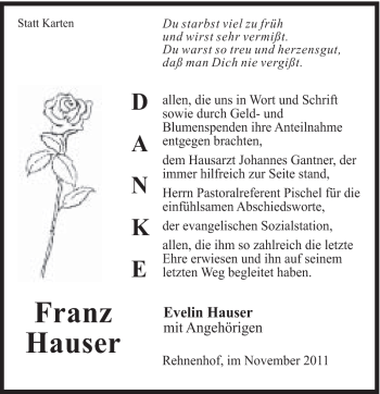 Traueranzeige von Franz Hauser von Gmünder Tagespost