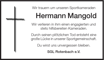 Traueranzeige von Hermann Mangold von Schwäbische Post