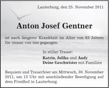 Traueranzeige von Anton Josef Gentner von Schwäbische Post