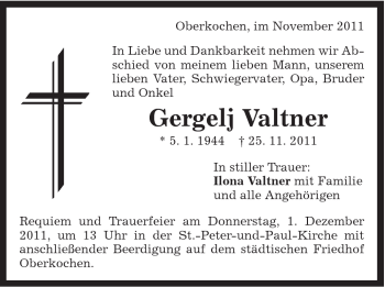 Traueranzeige von Valtner Gergelj von Schwäbische Post