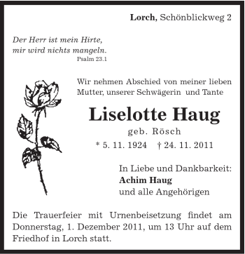 Traueranzeige von Liselotte Haug von Gmünder Tagespost