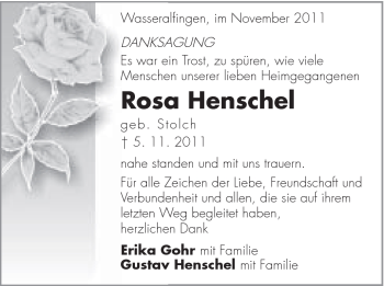 Traueranzeige von Rosa Henschel von Schwäbische Post
