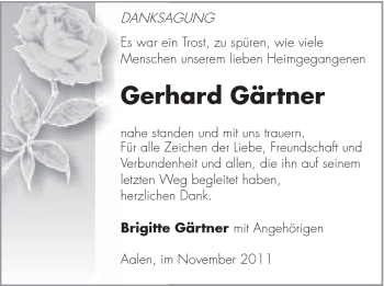 Traueranzeige von Gerhard Gärtner von Schwäbische Post