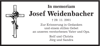 Traueranzeige von Josef Weidenbacher von Schwäbische Post