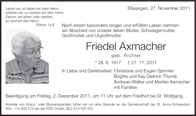  Traueranzeige für Friedel Axmacher vom 29.11.2011 aus Schwäbische Post