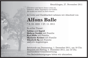 Traueranzeige von Alfons Balle von 020