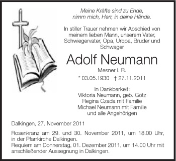 Traueranzeige von Adolf Neumann von Schwäbische Post