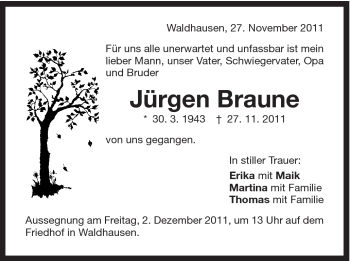 Traueranzeige von Jürgen Braune von Schwäbische Post