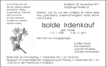 Traueranzeige von Isolde Irdenkauf von Gmünder Tagespost