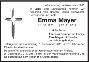 Traueranzeige von Emma Mayer von Schwäbische Post