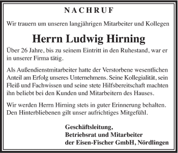 Traueranzeige von Ludwig Hirning von Schwäbische Post