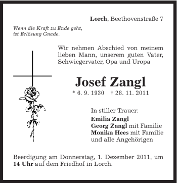 Traueranzeige von Josef Zangl von Gmünder Tagespost