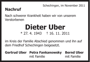 Traueranzeige von Dieter Uber von Gmünder Tagespost