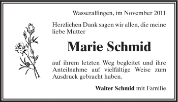Traueranzeige von Marie Schmid von Schwäbische Post