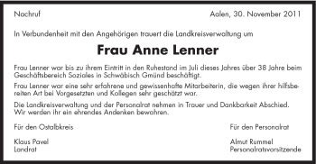 Traueranzeige von Anne Lenner von Gmünder Tagespost