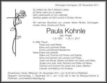 Traueranzeige von Paula Kohnle von Schwäbische Post
