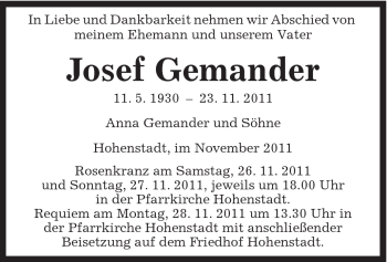 Traueranzeige von Josef Gemander von 020