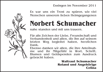 Traueranzeige von Norbert Schuhmacher von Schwäbische Post