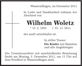 Traueranzeige von Woletz Wilhelm von Schwäbische Post