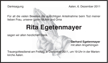 Traueranzeige von Egetenmayer Rita von Schwäbische Post