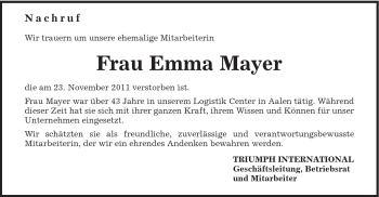 Traueranzeige von Emma Mayer von Schwäbische Post