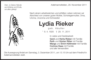 Traueranzeige von Lydia Rieker von Schwäbische Post