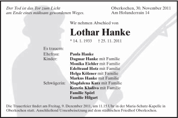 Traueranzeige von Lothar Hanke von Schwäbische Post