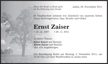 Traueranzeige von Ernst Zaiser von Schwäbische Post